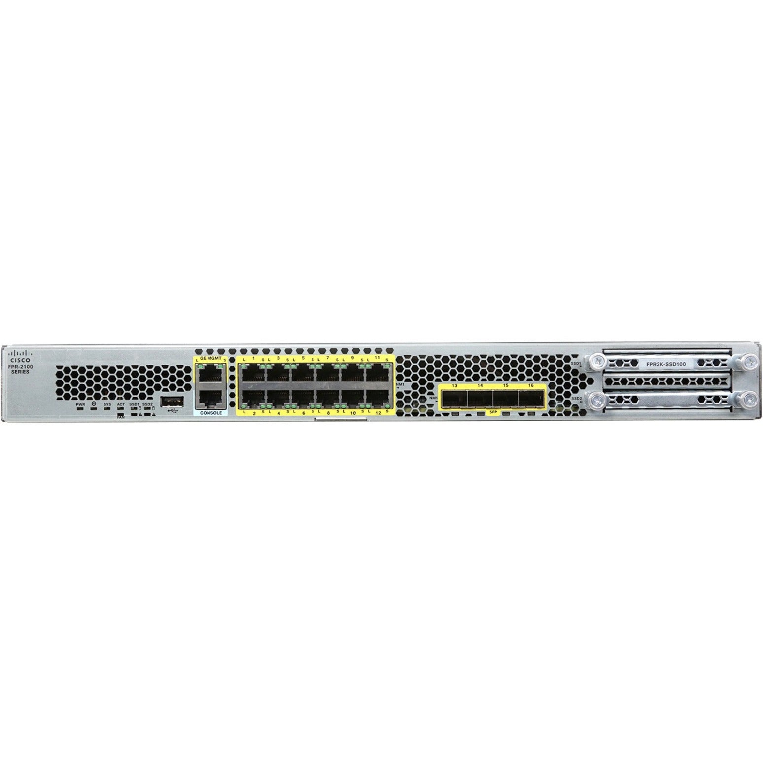 Front view of Cisco Firepower 2110 NGFW showing 12 Gigabit Ethernet ports, 4 SFP slots, console port, and honeycomb ventilation pattern-alternate-image1