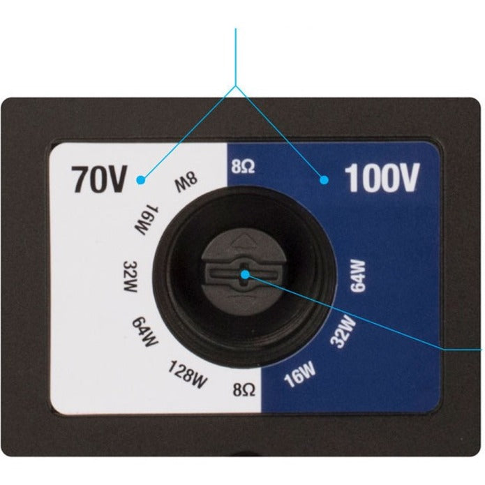 Detailed view of voltage selector switch showing 70V and 100V power settings