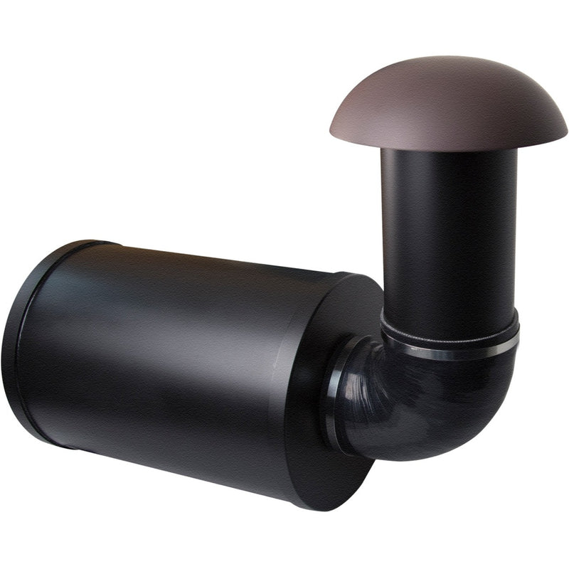 L-shaped Russound outdoor subwoofer showing black horizontal chamber and vertical tube with brown mushroom-style cap