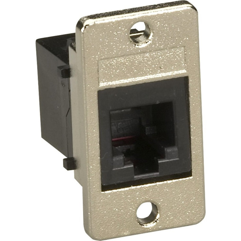 Angled view of Black Box FMT1080 panel-mount coupler showing mounting holes and connector design