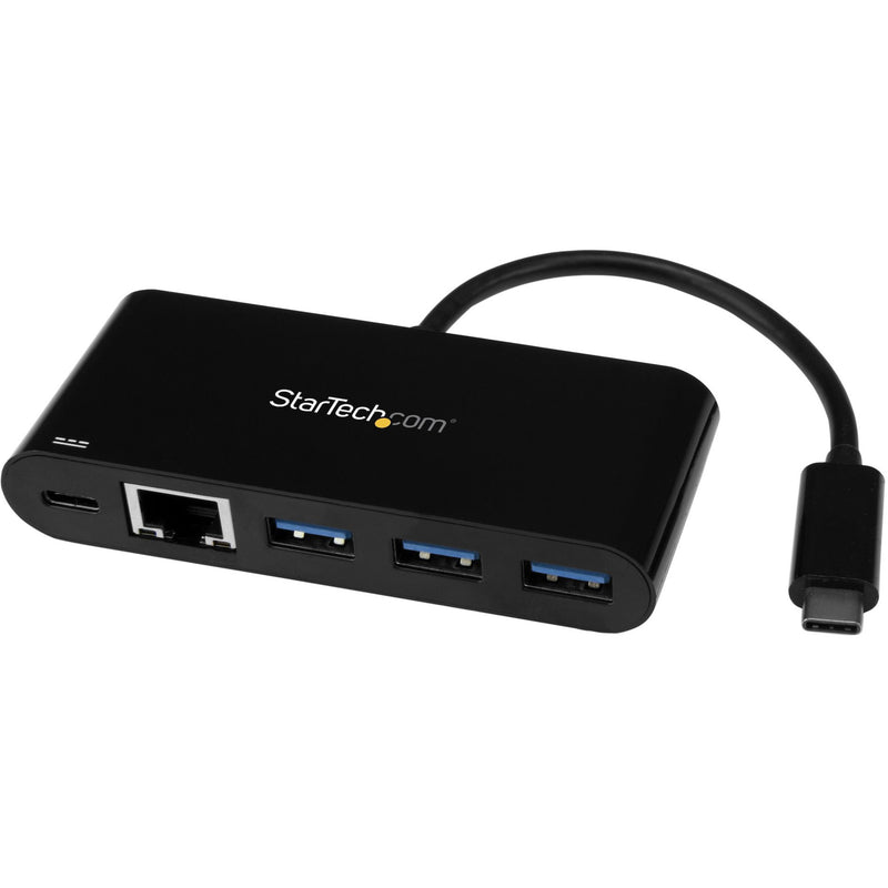 Front view of StarTech.com USB-C adapter showing Ethernet port and three USB 3.0 ports