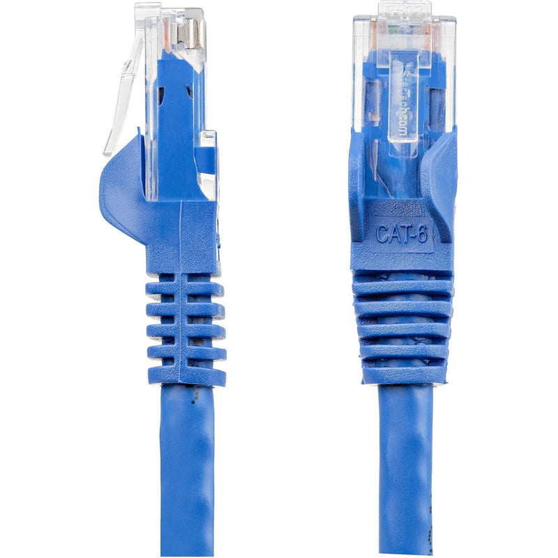 Side view of Cat6 ethernet cable connector showing blue snagless boot and strain relief design