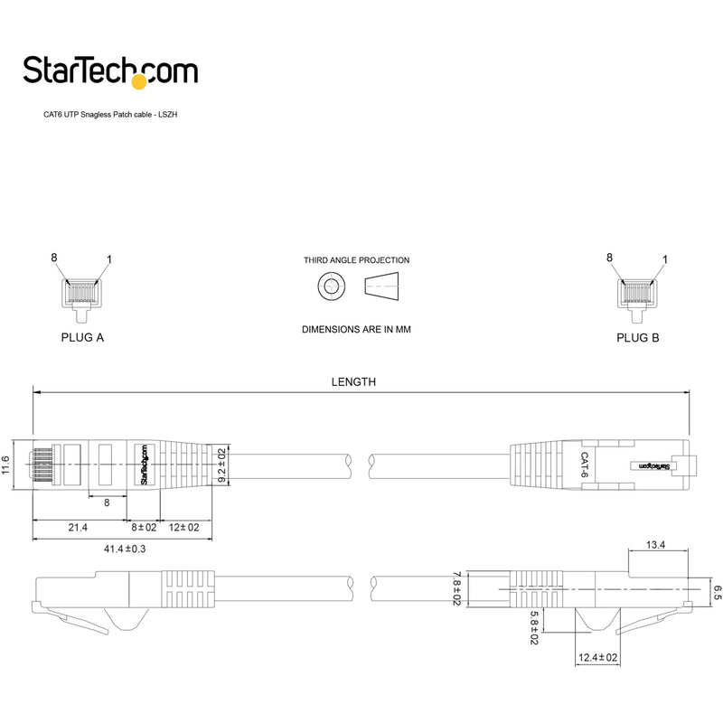 Technical diagram showing detailed dimensions and specifications of the Cat6 cable connectors