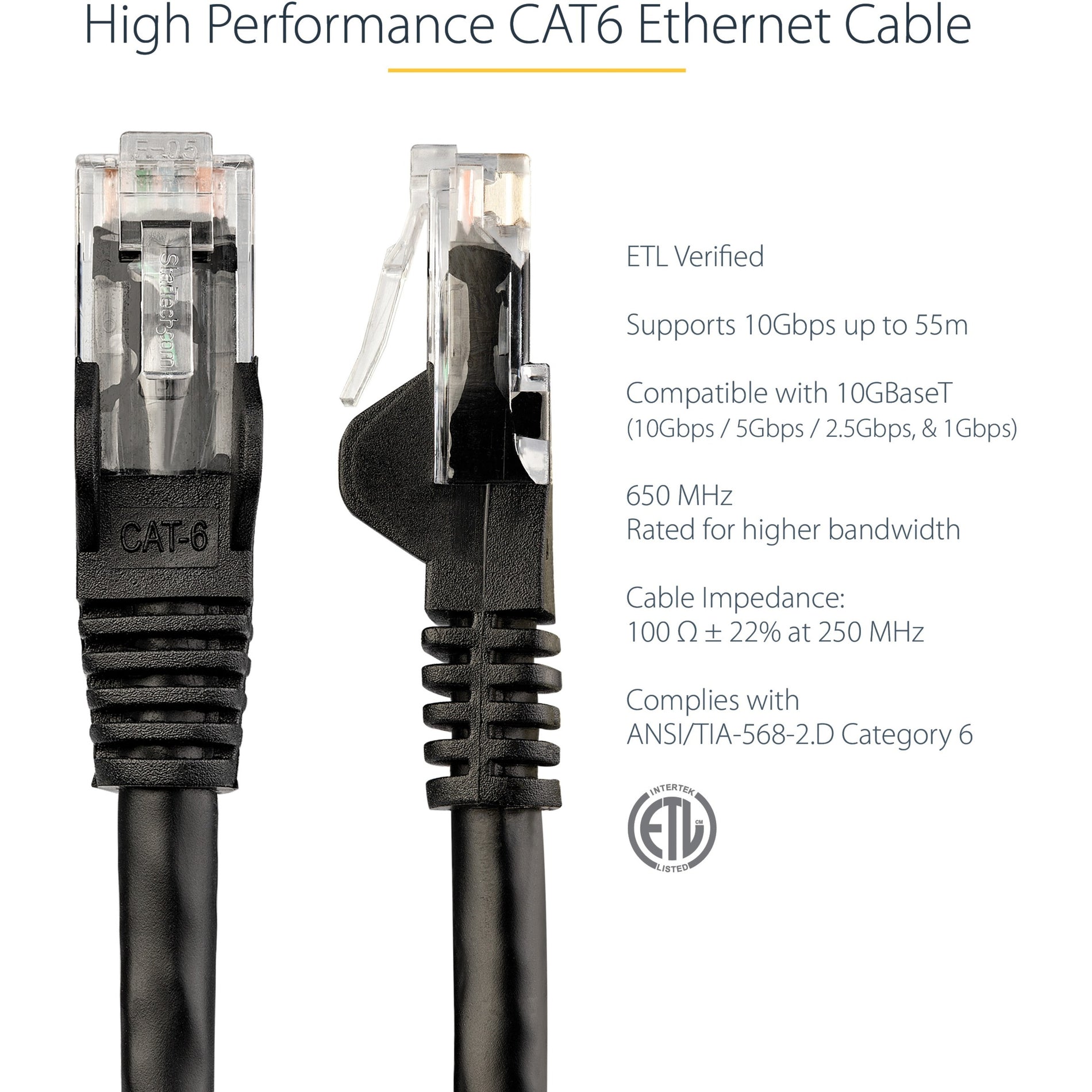 StarTech.com N6PATCH20BK Cat. 6 Network Cable, 20ft Black Ethernet Cable, Snagless RJ45 Connectors