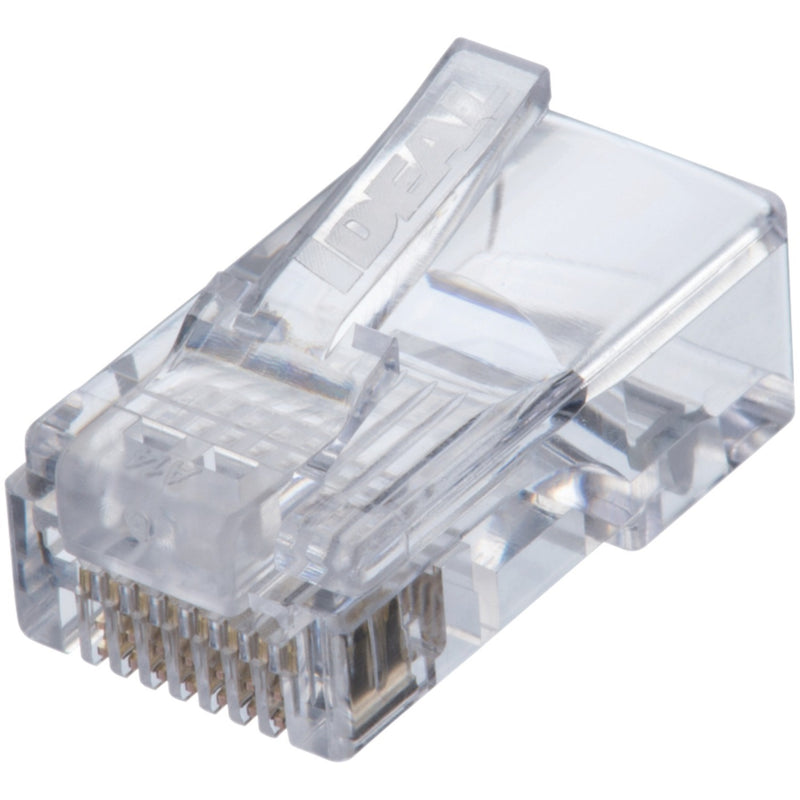 Transparent RJ-45 CAT5e connector showing gold-plated pins and internal wire channels