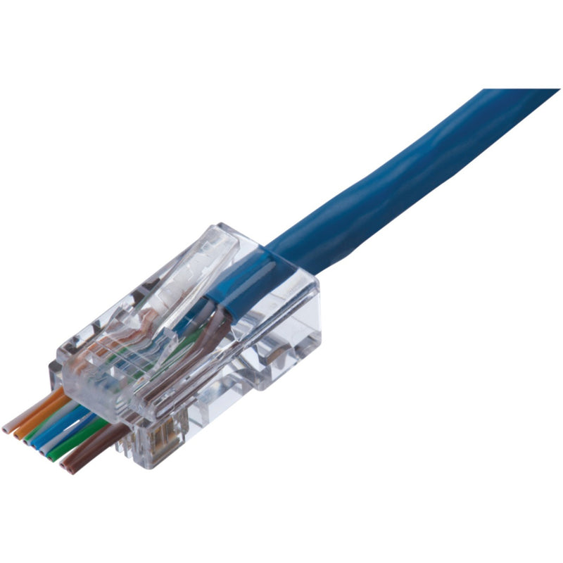 CAT5e connector with exposed wire feed-through design showing color-coded cable arrangement