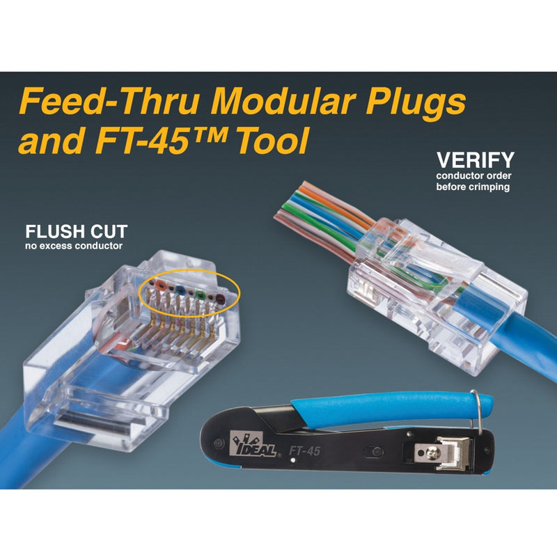 Product demonstration image showing IDEAL CAT6 connectors and FT-45 termination tool