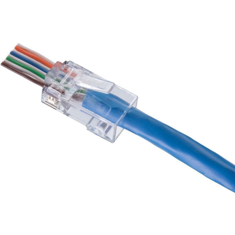 Angled view of IDEAL CAT6 connector showing color-coded wire arrangement through transparent housing