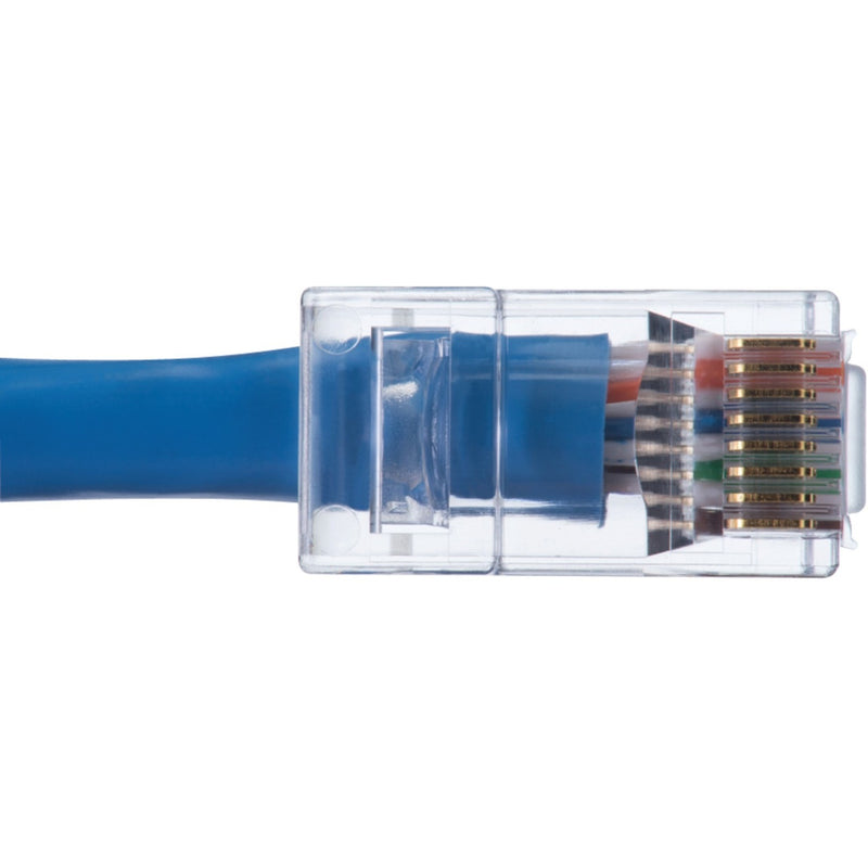 Close-up view of IDEAL CAT6 RJ-45 connector showing transparent housing and gold-plated contacts with blue ethernet cable