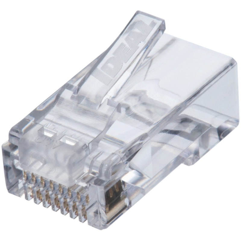 Detailed view of IDEAL CAT6 connector contact array showing gold-plated pins and transparent housing