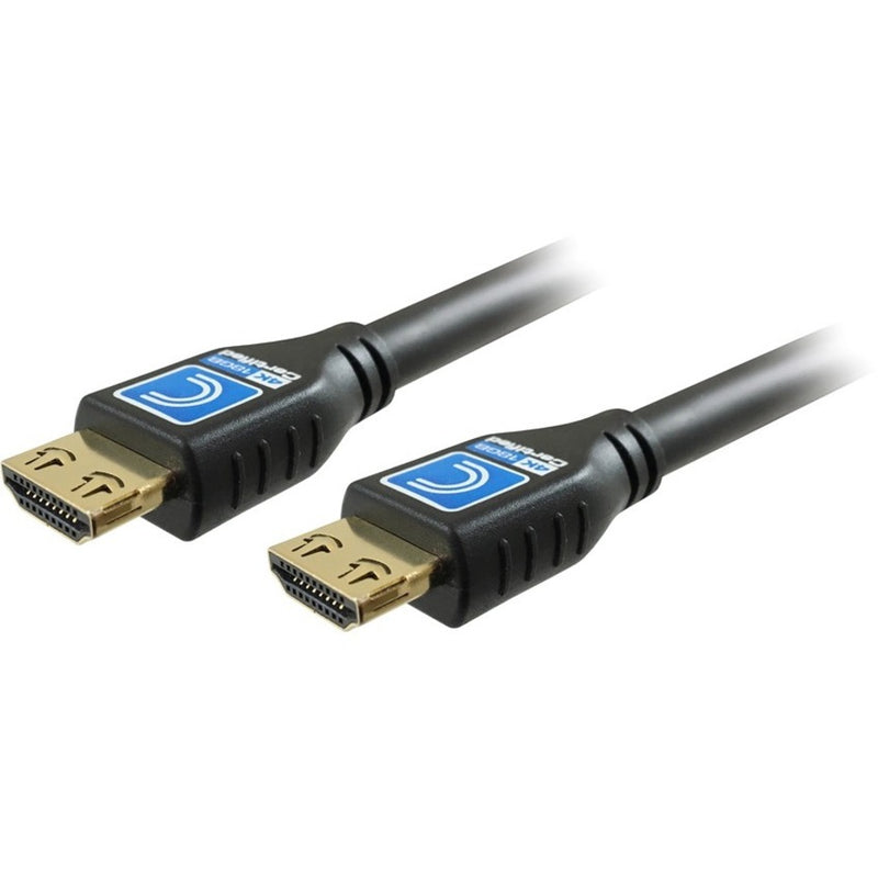 Close-up view of Pro AV/IT HDMI cable connectors showing gold-plated terminals and black housing with blue Comprehensive logo