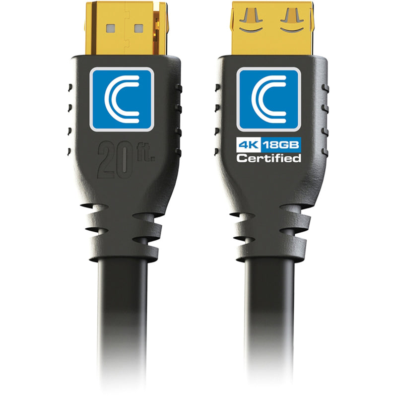 Detailed view of HDMI connector showing ProGrip design, SureLength marking, and 4K 18GB certification badge