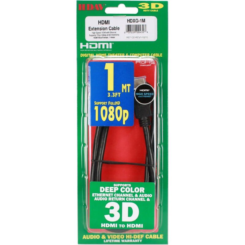 Retail packaging of QVS HDMI extension cable showing product features and specifications