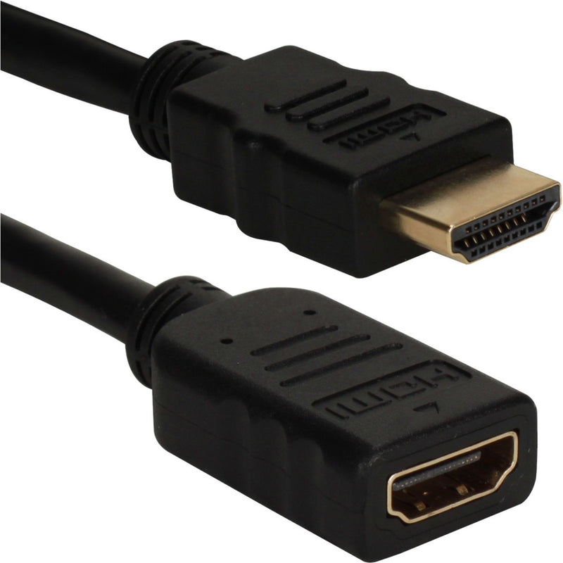 Close-up view of QVS HDMI extension cable's gold-plated male and female connectors showing premium build quality