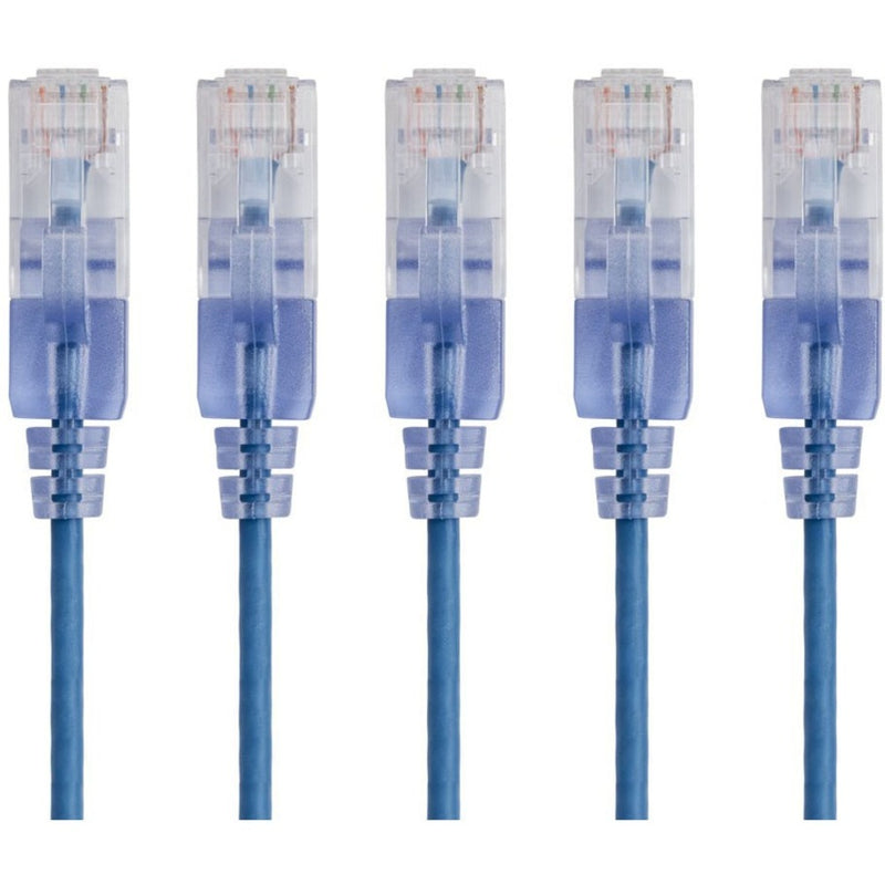 Five SlimRun Cat6A ethernet patch cables with transparent RJ-45 connectors and blue cables arranged in parallel