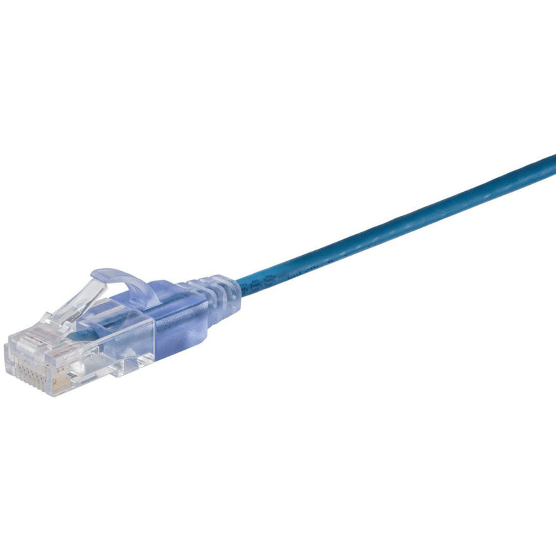 Close-up view of SlimRun Cat6A ethernet cable's transparent RJ-45 connector and blue cable