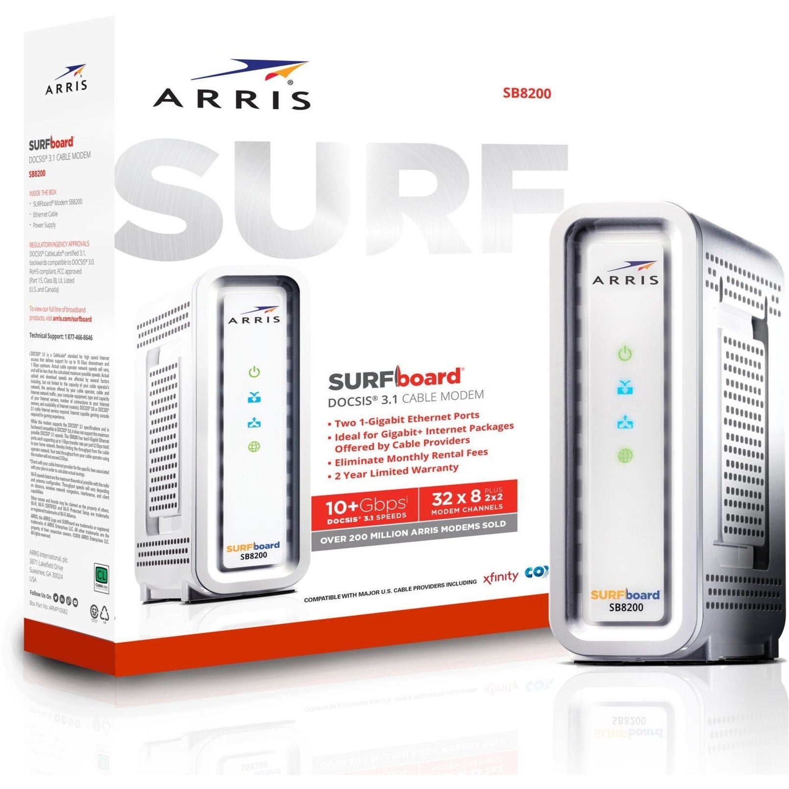 ARRIS SURFboard SB8200 DOCSIS 3.1 cable modem product packaging and device showing dual gigabit ethernet ports-alternate-image1