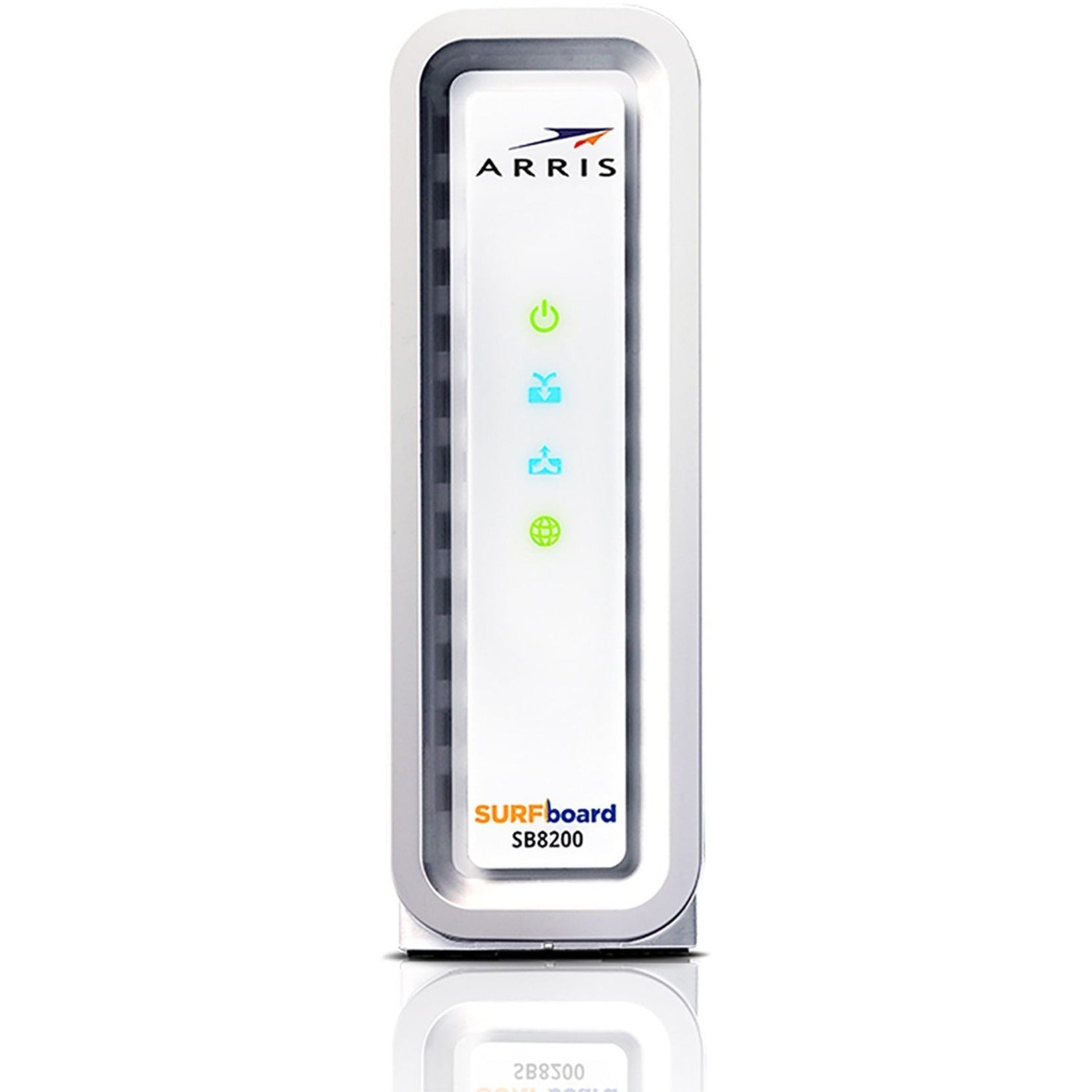 Front view of ARRIS SURFboard SB8200 showing sleek white design and status indicators-alternate-image3