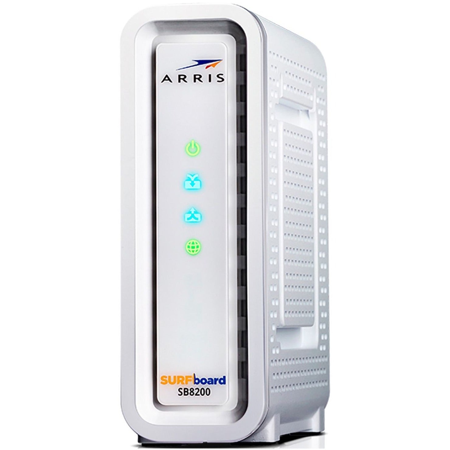 Side view of ARRIS SURFboard SB8200 modem showing LED status lights and ventilation design-alternate-image2