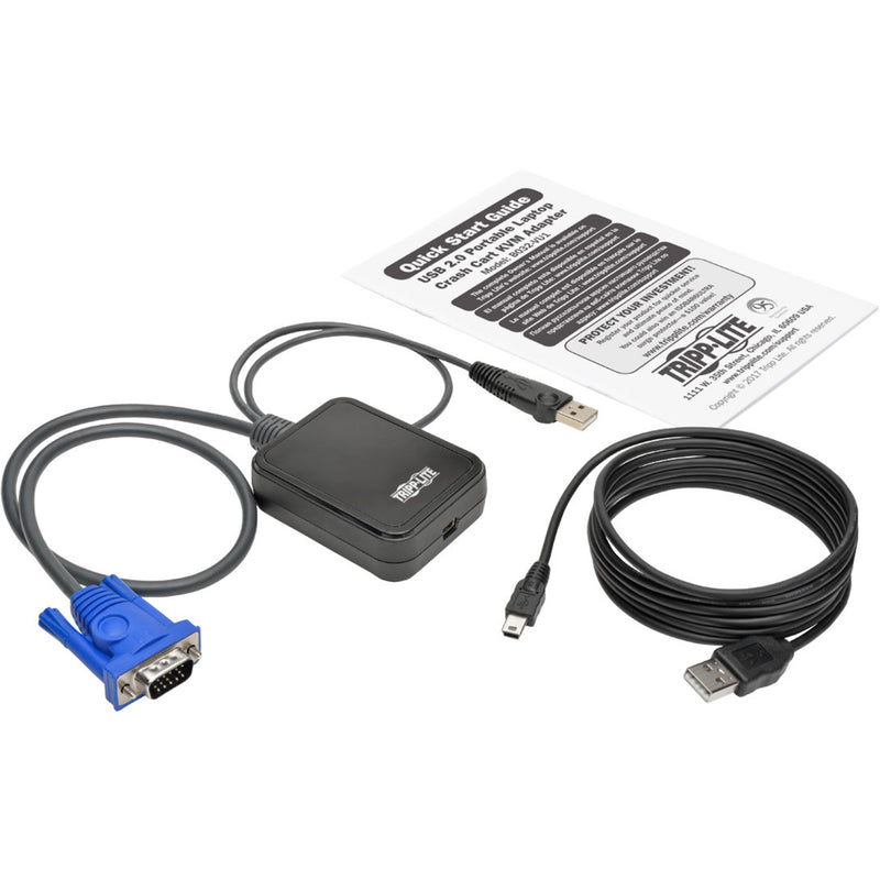 Complete package contents of Tripp Lite B032-VU1 including adapter, cables, and documentation