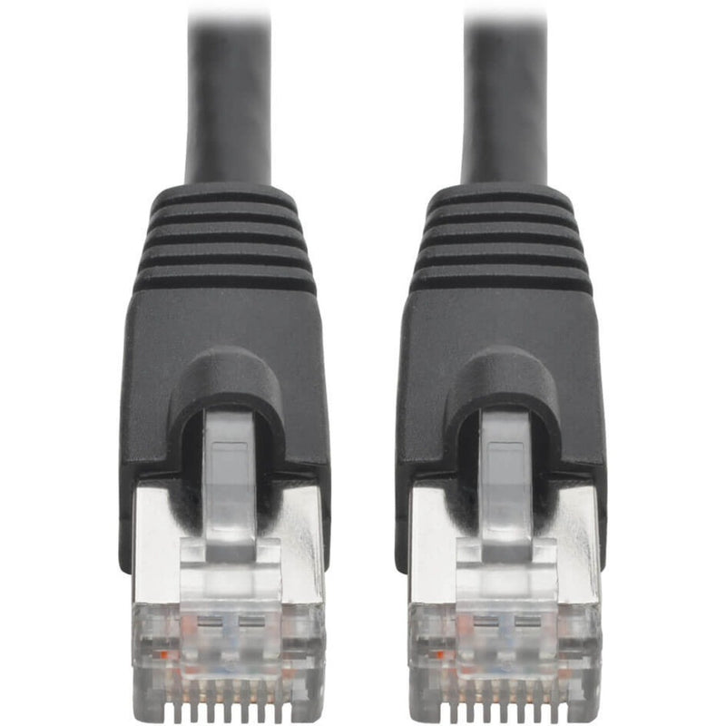 Close-up view of shielded RJ45 connectors with snagless boots and transparent contact points