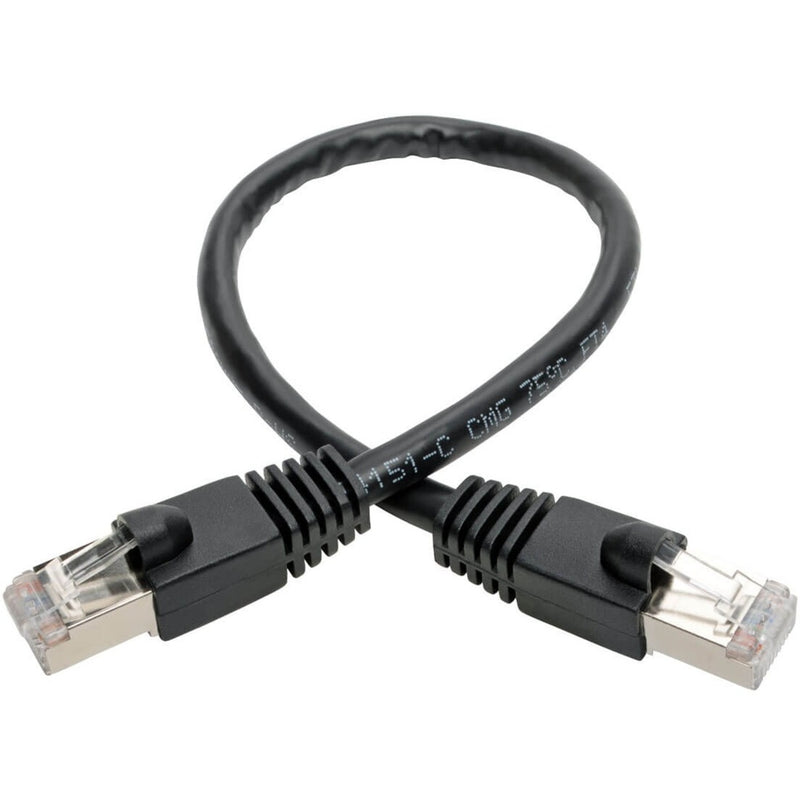 Cat6a network cable showing flexible curved design with shielded RJ45 connectors