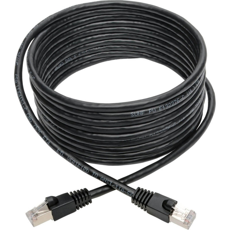 Full length view of 14ft black Cat6a network cable with RJ45 connectors