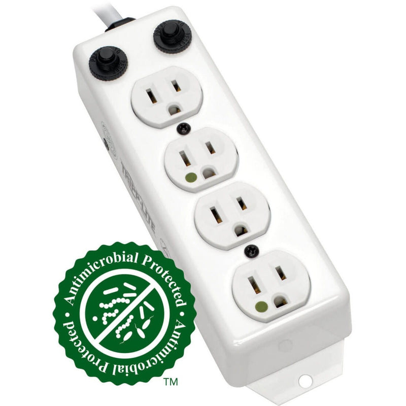 Medical-grade power strip with four outlets and antimicrobial protection seal