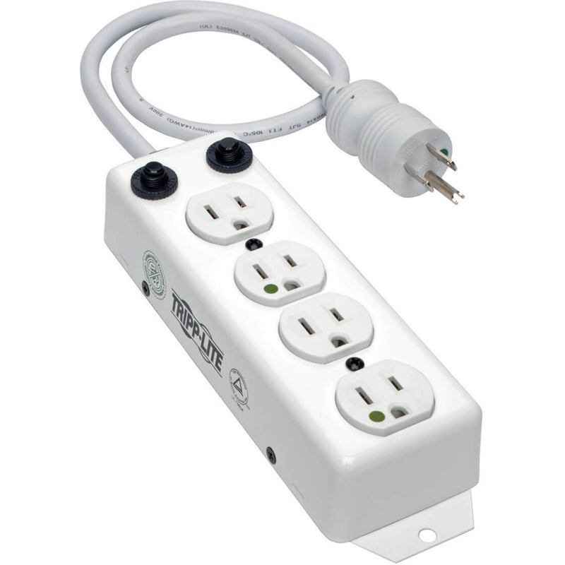 Medical power strip showing full length cord and hospital-grade plug