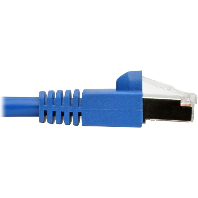 Side profile of blue network cable connector showing strain relief boot design