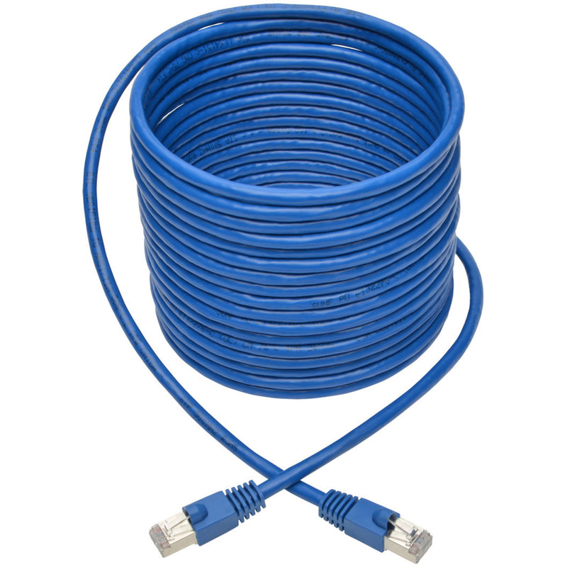 Full length view of coiled blue Cat6a network cable showing flexibility and construction quality