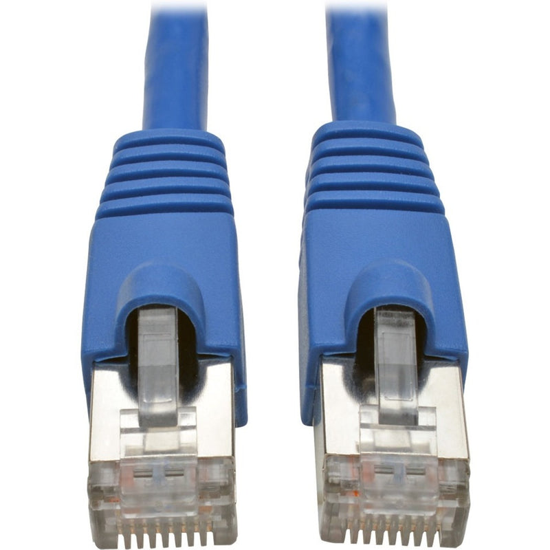 Close-up view of blue snagless RJ45 connectors on Cat6a network cable showing strain relief design