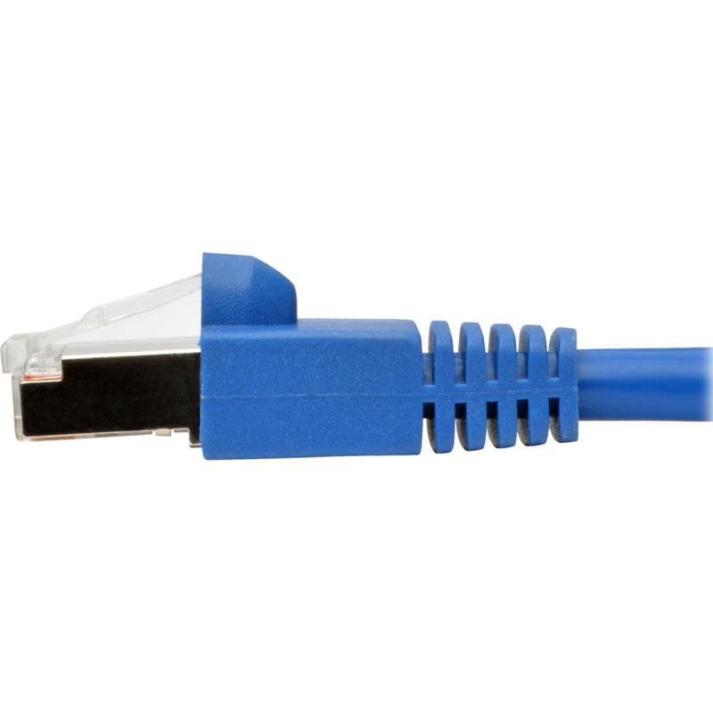 Detailed side view of network cable connector showing shielded construction and strain relief