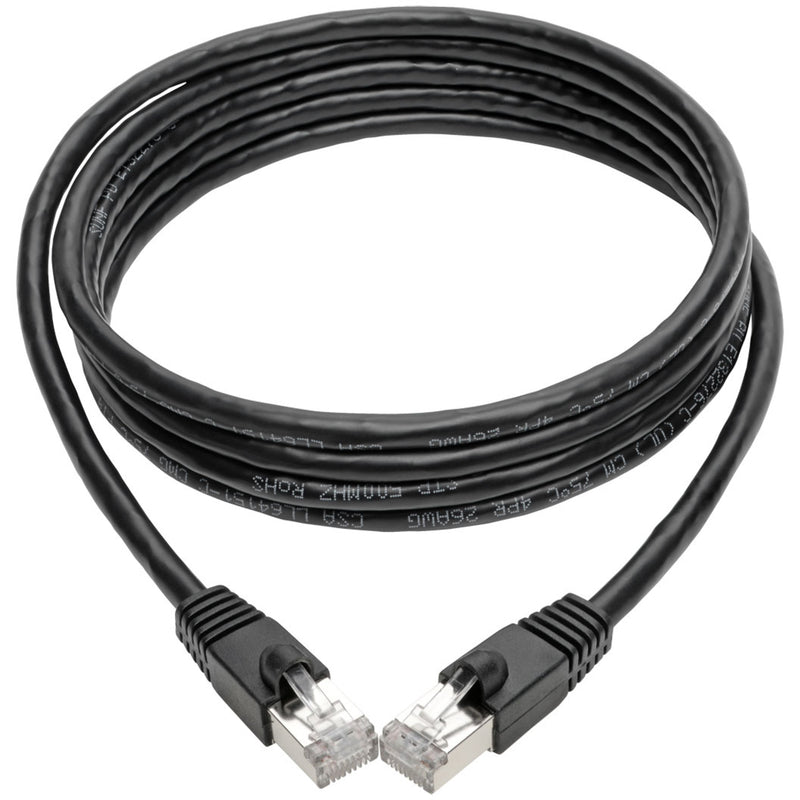 Full length view of 7 foot black Cat6a cable with RJ45 connectors showing cable flexibility