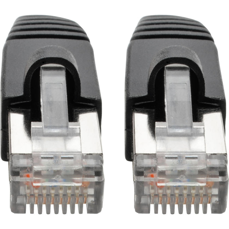 Detailed view of snagless RJ45 connector boots showing strain relief and locking tab protection