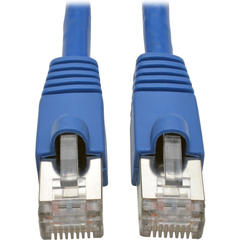 Close-up of blue Cat6a cable's snagless RJ45 connectors with strain relief boots and visible shielding