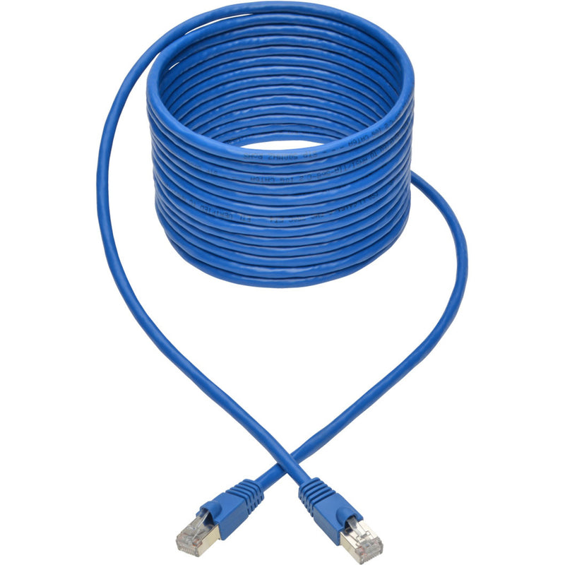 Coiled blue Cat6a network cable showing flexibility and strain relief features