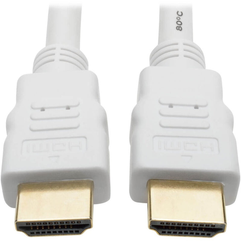 Close-up view of white HDMI connectors with gold-plated contacts and strain relief design