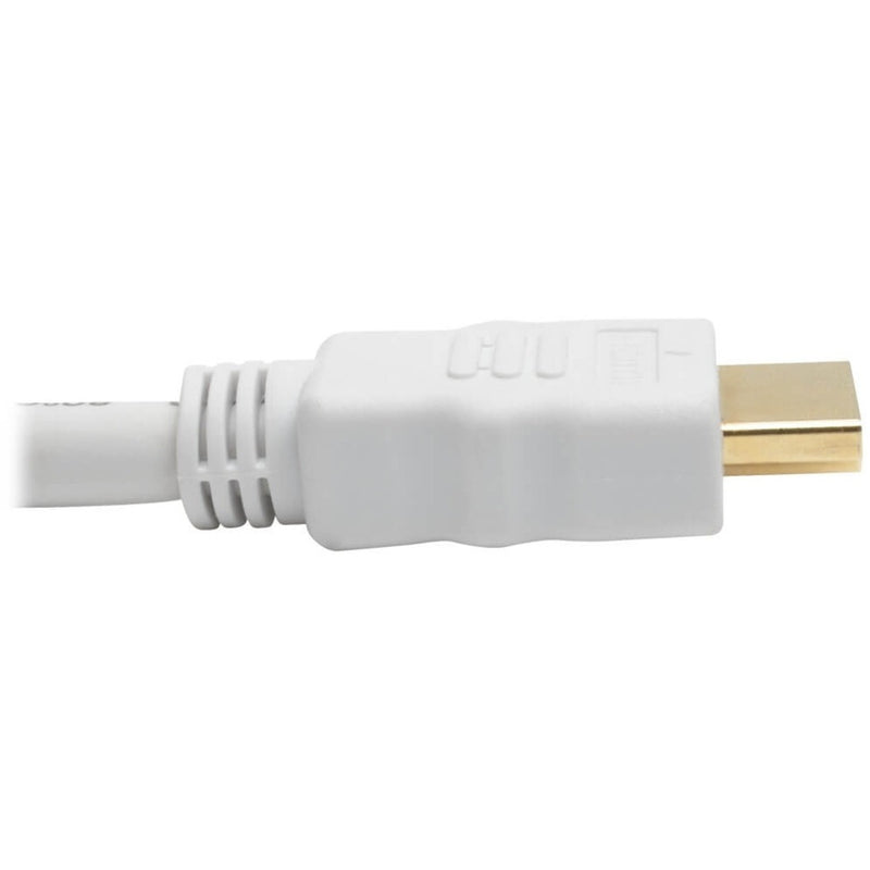 Side view of white HDMI connector showing strain relief and ergonomic design