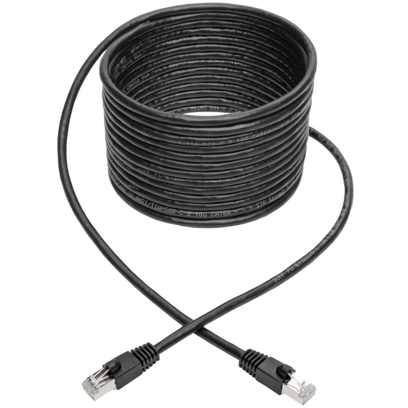 Coiled Cat6a network cable showing flexible design and strain relief