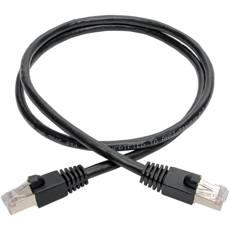 Full length view of Cat6a shielded network cable with RJ45 connectors on both ends