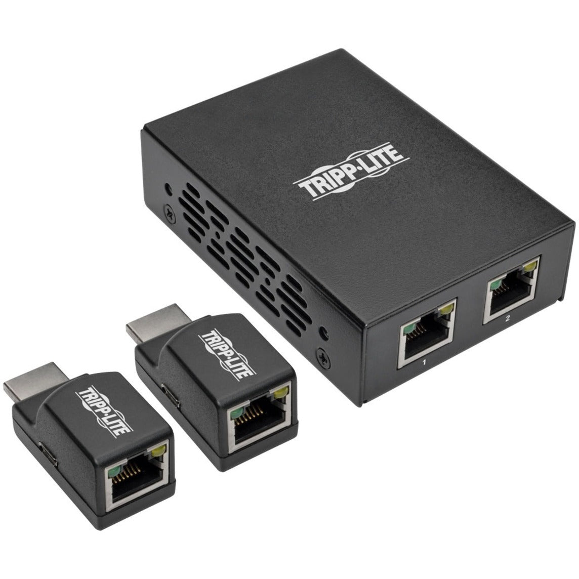 Tripp Lite B126-2P2M-POC HDMI extender kit showing transmitter unit and two receivers with RJ45 ports-alternate-image1