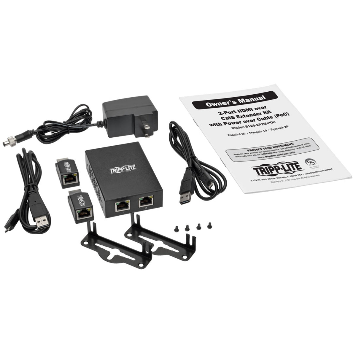 Complete contents of Tripp Lite B126-2P2M-POC kit including transmitter, receivers, cables, mounting hardware, and manual-alternate-image4