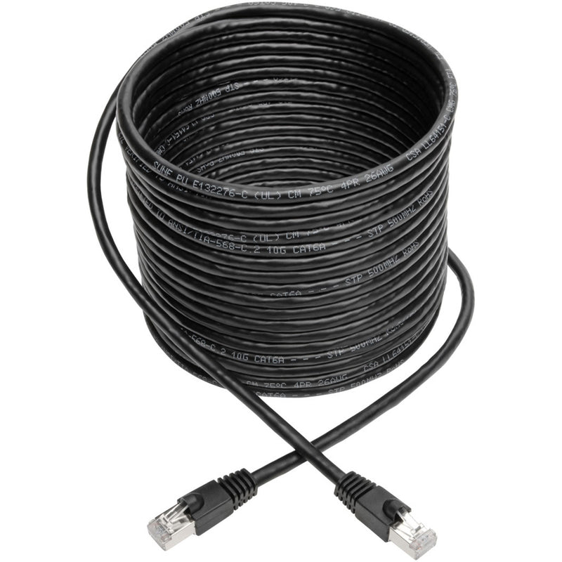 Coiled black Cat6a network cable showing flexibility and length with RJ45 connectors