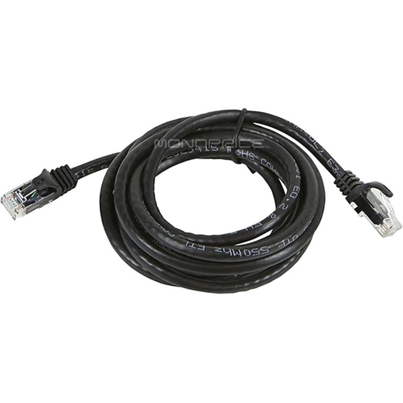 Black Cat6 ethernet cable with RJ-45 connectors coiled in circular shape showing Monoprice branding