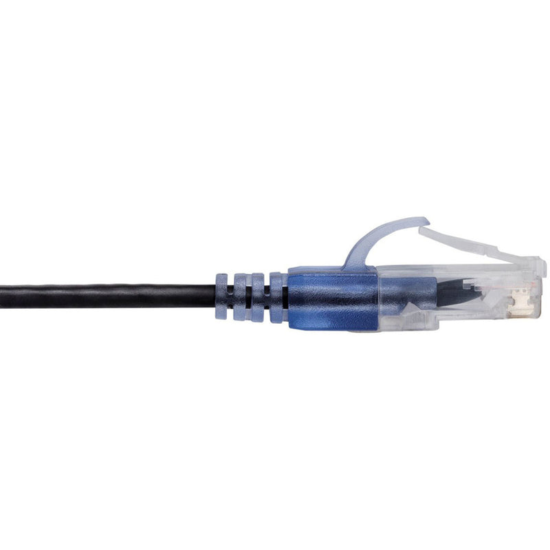 Detailed side view of SlimRun Cat6A connector showing blue strain relief boot and black cable interface