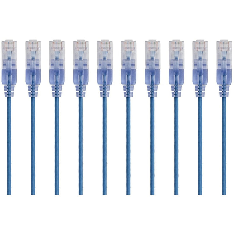 Ten blue SlimRun Cat6A ethernet patch cables arranged in parallel showing their slim profile and transparent RJ-45 connectors