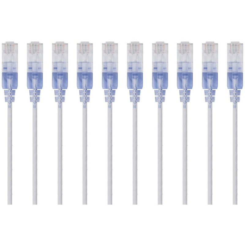 Ten white SlimRun Cat6A ethernet patch cables with translucent RJ-45 connectors arranged in parallel