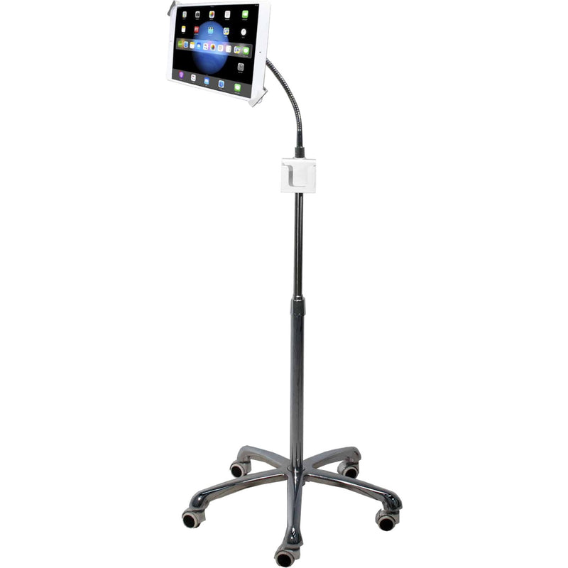 Angled view of tablet floor stand showing gooseneck flexibility and base stability