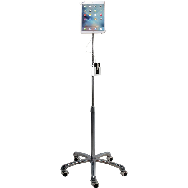 Side view of tablet floor stand showing height adjustment mechanism and secure tablet mount